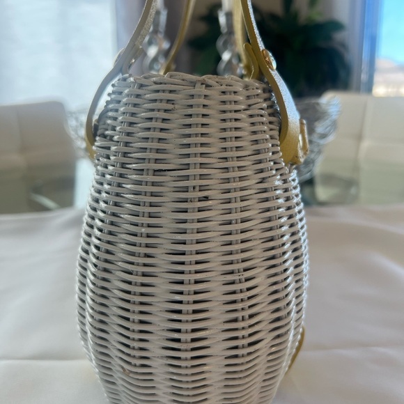 Vintage Kate Spade Raleigh Wicker Satchel Bag White Yellow Leather Trim - Picture 3 of 9